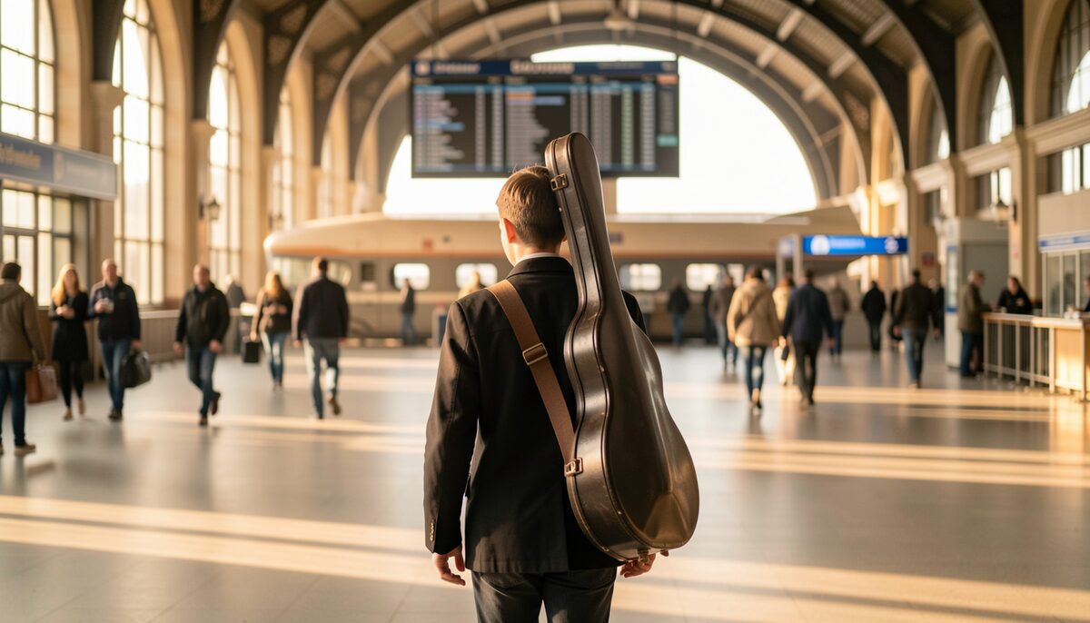 A young musician with a violin case carried on the shoulder walking through a large railway station concourse, seen from behind, the departure board far away and out of focus, warm morning light through the arched windows, no instrument held in the hands