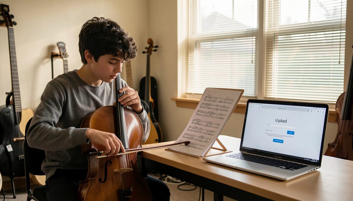 A teenage cellist in a practice room reviewing sheet music beside a laptop showing a blank upload page, afternoon light through blinds.