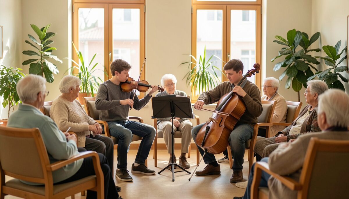 Two teenage string players, one playing a violin and one playing a cello, performing for a small group of older residents seated in a bright common room, a loose half circle of chairs, houseplants and tall windows behind, warm daylight, bowed string instruments only