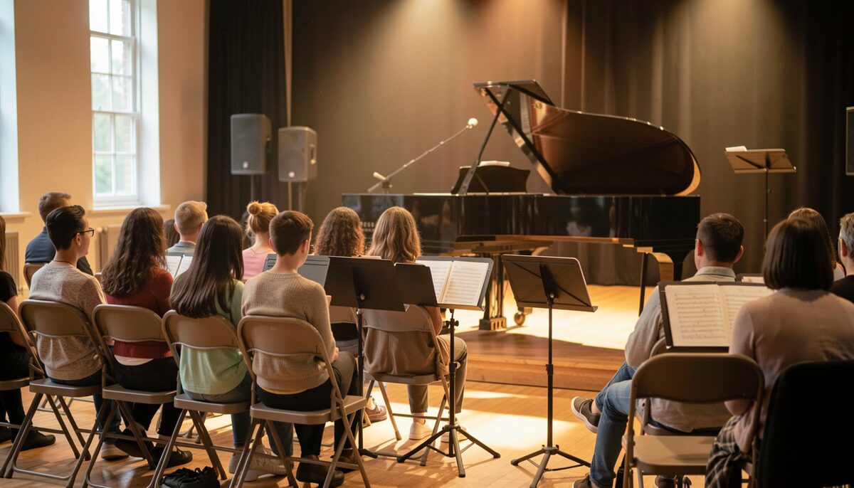A small recital hall with rows of folding chairs, music stands and a grand piano under warm stage light before the audience arrives.