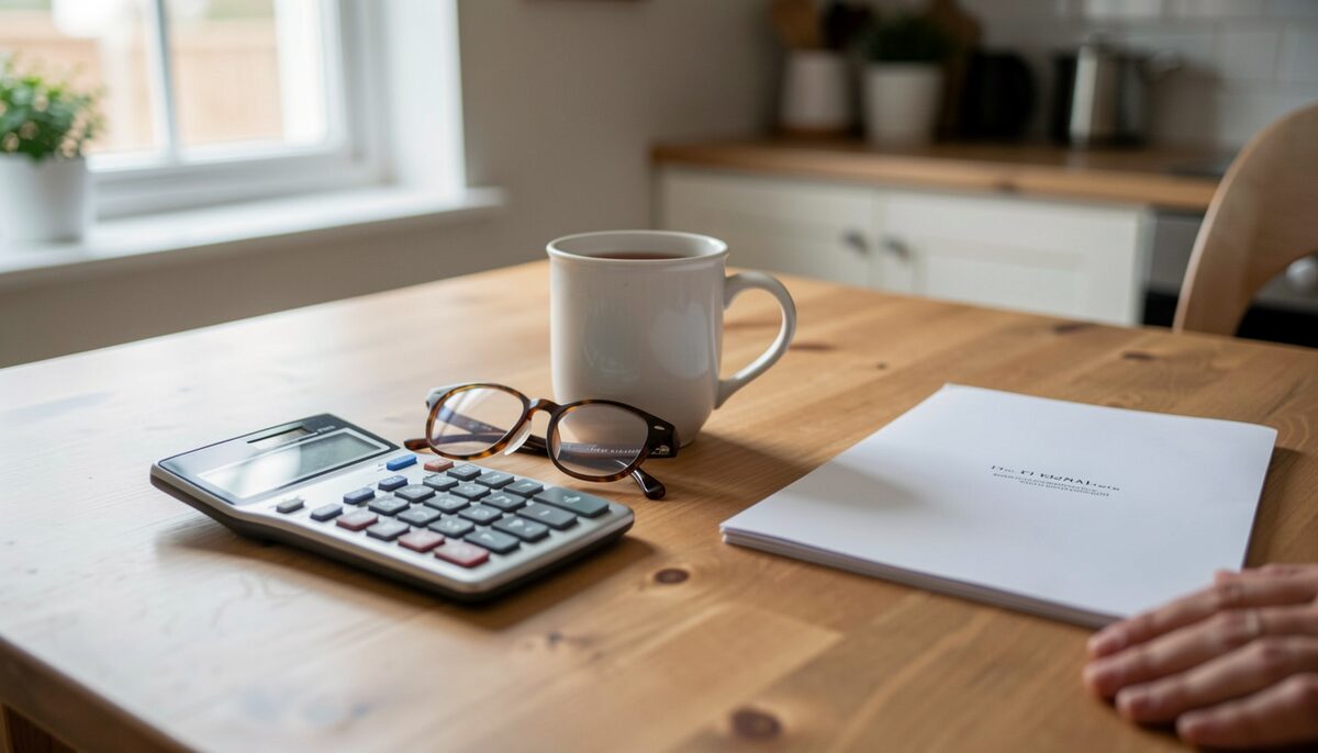 A calculator, a pair of reading glasses and a mug of tea on a wooden kitchen table, a plain closed folder beside them seen from a low angle and rendered out of focus so that no printing is readable, a parent's hand resting on the table edge, early morning light from a window