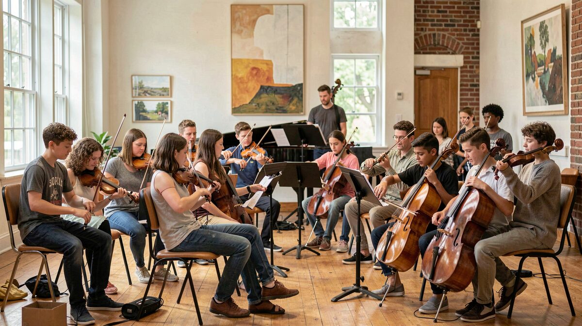 Young string players rehearsing in a bright hall: violins and cellos in two facing rows, music stands, tall windows and a brick wall.