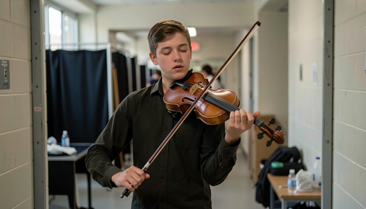 A teenage violinist breathing with eyes closed in a backstage corridor, bow held loosely at the side.