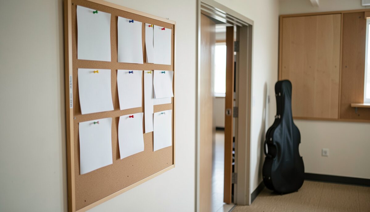 A hallway noticeboard with blank pinned sheets and a cello case leaning against the wall outside a rehearsal room.